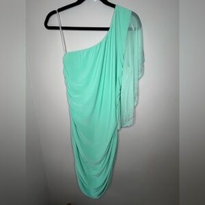 Deb Vintage Mint Green One Shoulder Ruched Dress w Rhinestone Sheer Sleeve Sz 1X